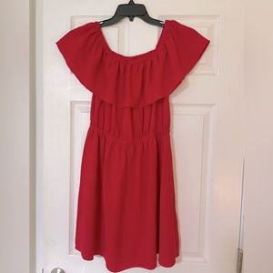 Red off-shoulder or on-shoulder mid-length dress with POCKETS!